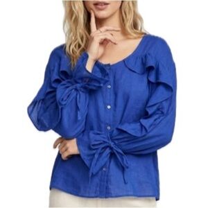 Zara Basic Button Down Blouse Womens Size Small Long Sleeve Cascading Ruffle